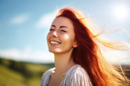 portrait of a happy young woman enjoying the fresh air and sunshine, created with generative aiの素材