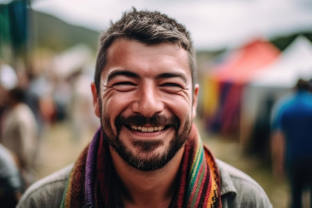 pride, gay and portrait of a man at an outdoor festival with a rainbow, smile and freedom, created with generative aiの素材