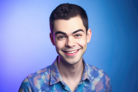 proud, gay man and his blue shirt in studio with a friendly smile on face against rainbow background, created with generative aiの素材