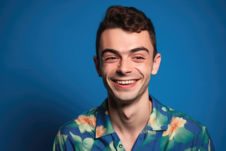 proud, gay man and his blue shirt in studio with a friendly smile on face against rainbow background, created with generative aiの素材