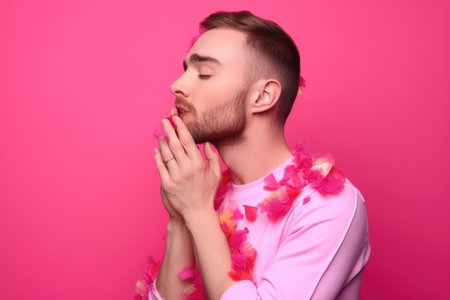 pink, rainbow and gay pride with a man blowing kisses in studio on a pink background, created with generative aiの素材