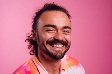 happy man, rainbow and smile portrait isolated on a pink background in studio, created with generative aiの素材