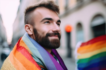 gay pride, rainbow flag and portrait of a man with happiness, love and freedom in the city, created with generative aiの素材
