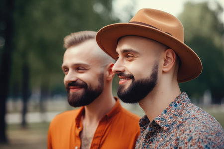 happy, love and portrait of a gay couple in summer vacation at a park outside, created with generative aiの素材