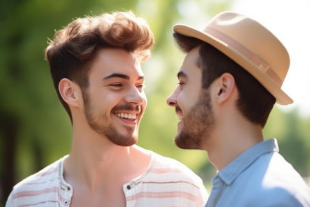 happy, love and portrait of a gay couple in summer vacation at a park outside, created with generative aiの素材