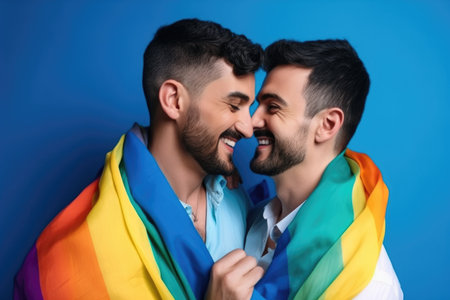 rainbow, gay pride and couple in studio with happiness, love and affectionate bonding on blue background, created with generative aiの素材