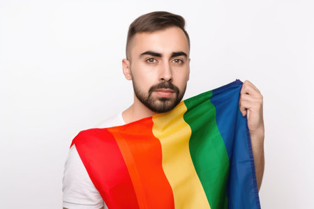 proud gay man holding a rainbow flag while isolated on white, created with generative aiの素材
