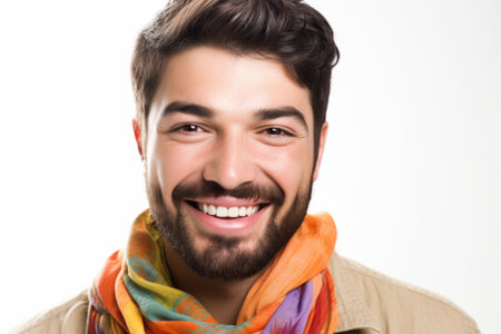closeup portrait of a cheerful gay man isolated on white, created with generative aiの素材