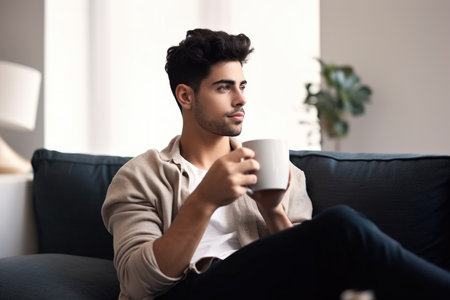 cropped shot of a handsome young man sitting in his living room and drinking coffee, created with generative aiの素材