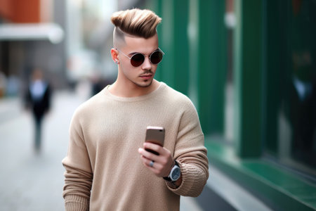 shot of a trendy young man wearing casual clothing and holding up his smartphone, created with generative aiの素材