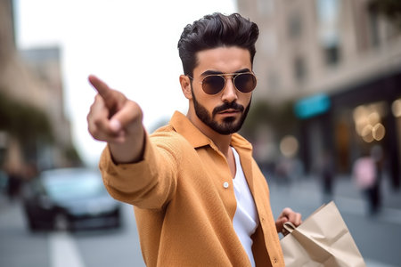 cropped shot of a stylish young man holding shopping bags and pointing, created with generative aiの素材