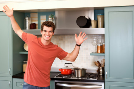 a handsome young man giving you a friendly wave from his stylish kitchen with copyspace, created with generative aiの素材