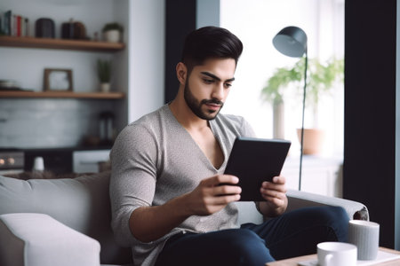 cropped shot of a confident young man using his tablet while drinking coffee in his home, created with generative aiの素材