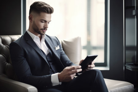 shot of a handsome young businessman using his tablet and smartphone while sitting in the living room, created with generative aiの素材