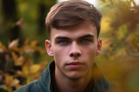 cropped portrait of a handsome young man outdoors, created with generative aiの素材
