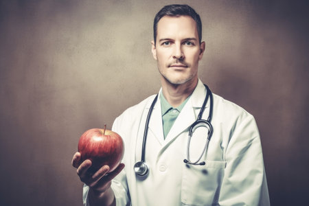 shot of a doctor holding up an apple against a vintage background, created with generative aiの素材