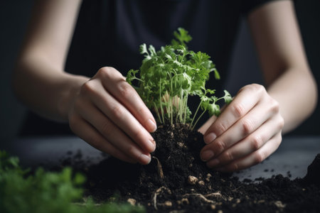 cropped shot of a young female alternative practitioner placing a plant and seedling into soil, created with generative aiの素材