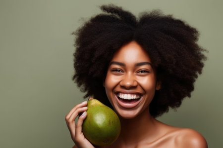 portrait of a happy young woman holding an avocado, created with generative aiの素材
