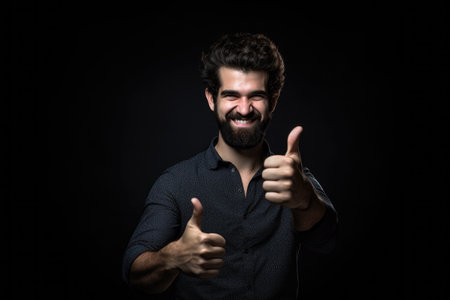 shot of a happy man giving thumbs up while standing against a dark background, created with generative aiの素材