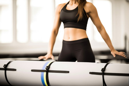 shot of a woman touching her abs after a gym session, created with generative aiの素材