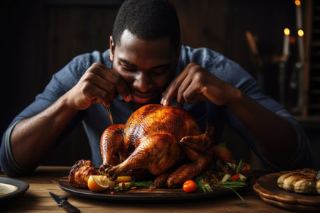 shot of a man enjoying the taste of his baked chicken, created with generative aiの素材