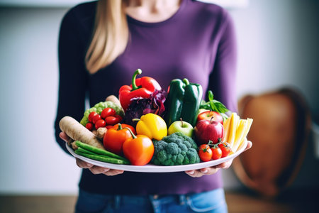 Foto de shot of a young woman holding a plate of fresh fruit and vegetables, created with generative ai - Imagen libre de derechos