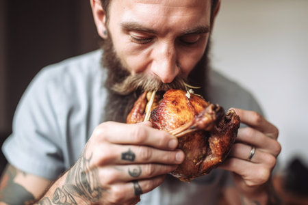 cropped shot of a man taking a bite out of his lowfat turkey, created with generative aiの素材