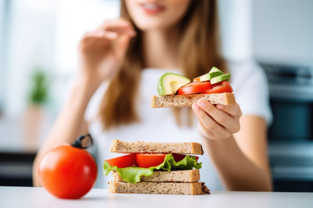 shot of a young woman holding a slice of bread with lettuce and tomato on it, created with generative aiの素材