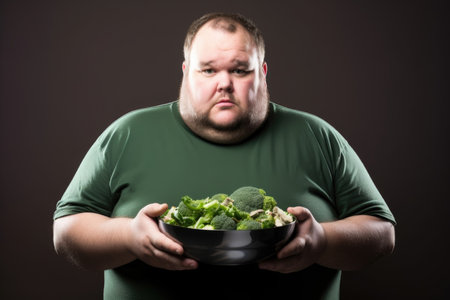 portrait of an overweight man holding a bowl of salad, created with generative aiの素材
