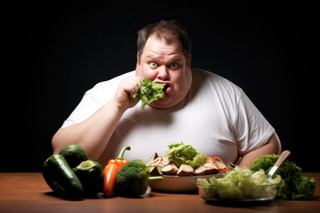 shot of an overweight man eating his veggies, created with generative aiの素材