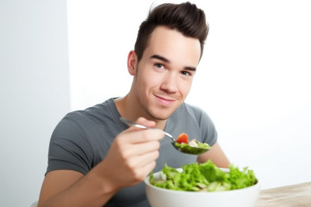 portrait of a fit young man enjoying a healthy salad, created with generative aiの素材