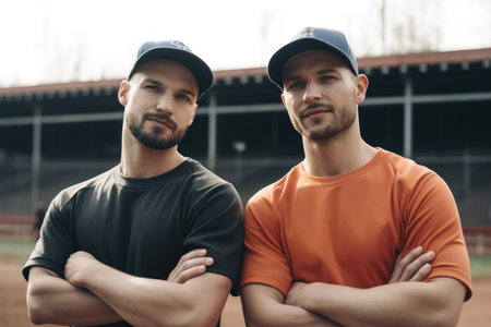 shot of two baseball players at the sports field, created with generative aiの素材