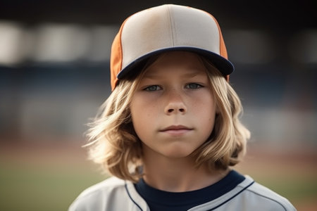 portrait of a young baseball player standing on the field during a game, created with generative aiの素材