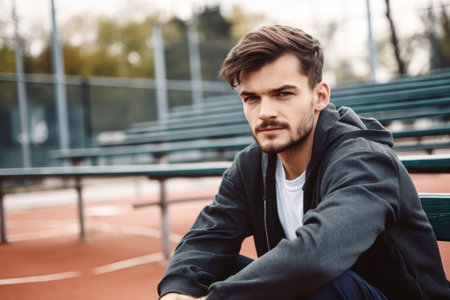 portrait of a handsome young man sitting on a baseball field, created with generative aiの素材
