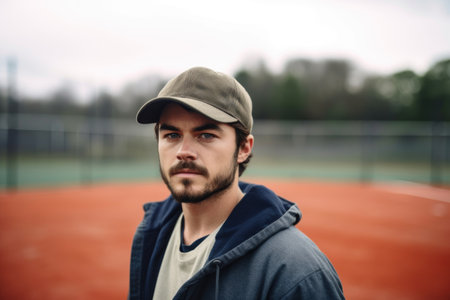 portrait of a young man standing on a baseball field, created with generative aiの素材