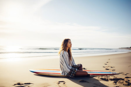 shot of a relaxed young woman sitting at the beach with her surfboard, created with generative aiの素材