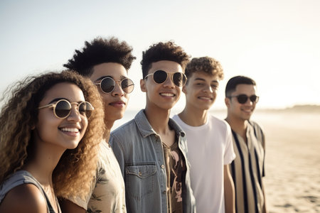 shot of a group of young friends spending the day at the beach, created with generative aiの素材