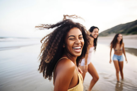 shot of a happy young woman having fun at the beach with her friends, created with generative aiの素材