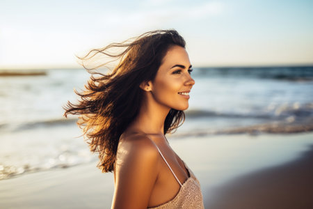 shot of an attractive young woman on the beach, created with generative aiの素材