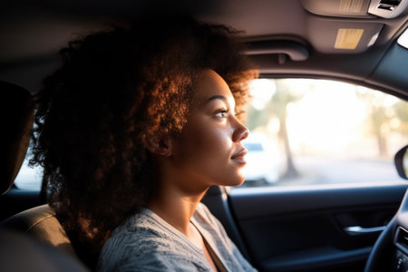 shot of a female passenger in the backseat of an suv, created with generative aiの素材