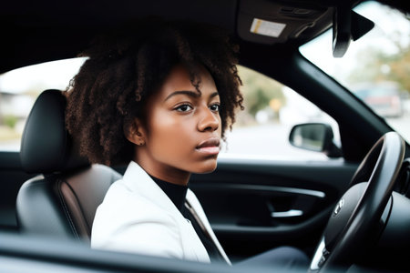shot of a young woman in a car about to pick up her coworker, created with generative aiの素材