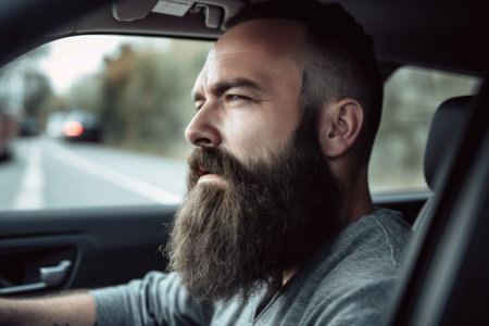 shot of a man looking stressed out while driving, created with generative aiの素材
