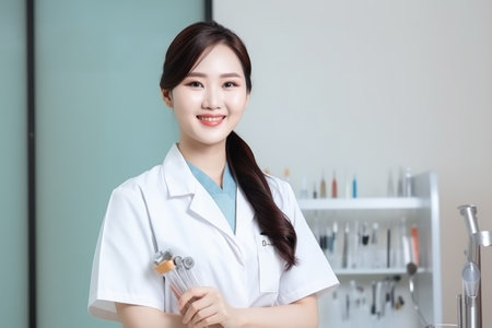 woman dentist, professional dental tool with smile for facial beauty and confident healthcare, created with generative aiの素材