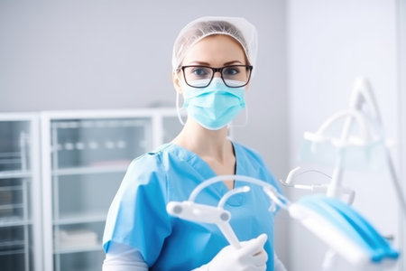 woman dentist, tools and smile for dentistry or dental care with mask in clinic, created with generative aiの素材