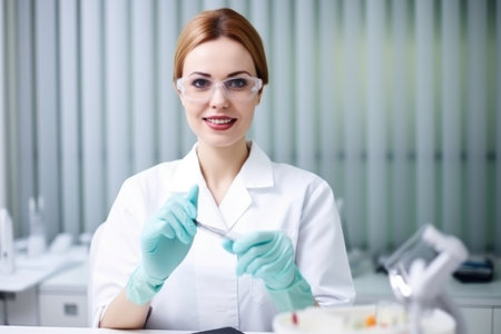 woman dentist, smile and hands for teeth cleaning in clinic, created with generative aiの素材