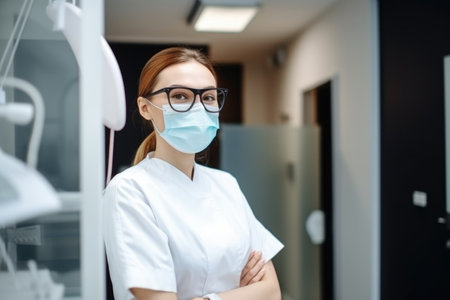 woman dentist, dental care and face mask with smile and happiness for a healthy body in her office, created with generative aiの素材