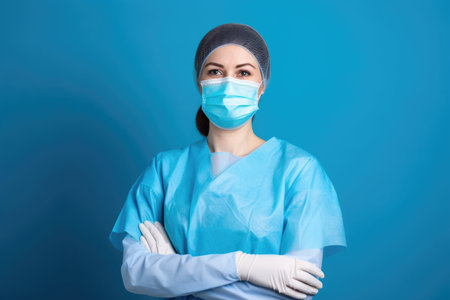 woman dentist, covid and smile with blue background for dental, white teeth cleaning or dentistry, created with generative aiの素材