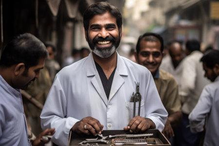 smiling dentist with dental tools, a man in india for healthcare safety, created with generative aiの素材