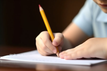 education, children and pencil in hand with learning on writing test, exam or homework, created with generative aiの素材