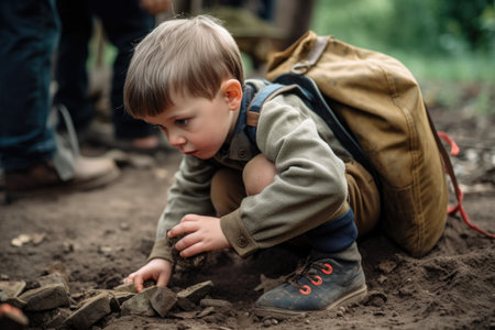 young boy digging into his school bag, created with generative aiの素材